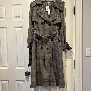 NWT Walter baker long trench coat small- black white w red plaid